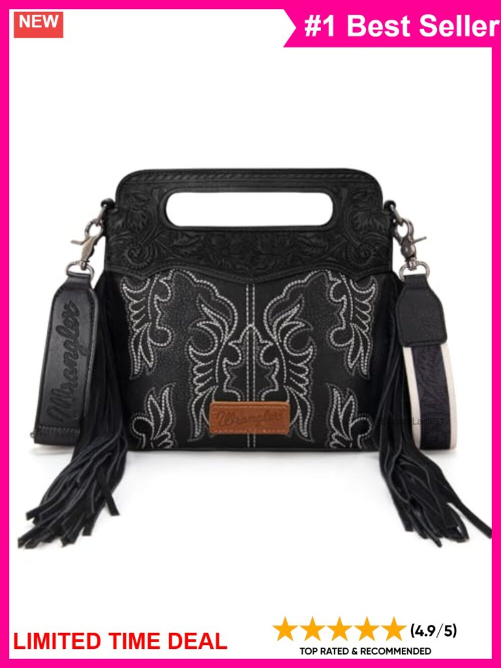 Embossed Faux Leather Crossbody Bag with Fringe Detail Top Handle Western Purse